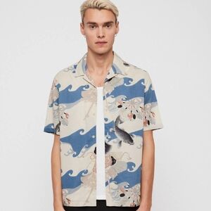 AllSaints Short Sleeve Button Down Shirt in Blue and Cream Koi Print